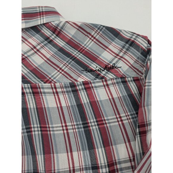 TRAVIS MATHEW Button-Up Men's Size Medium Red‎ Gray White Plaid LS Pocket Shirt - Picture 10 of 10